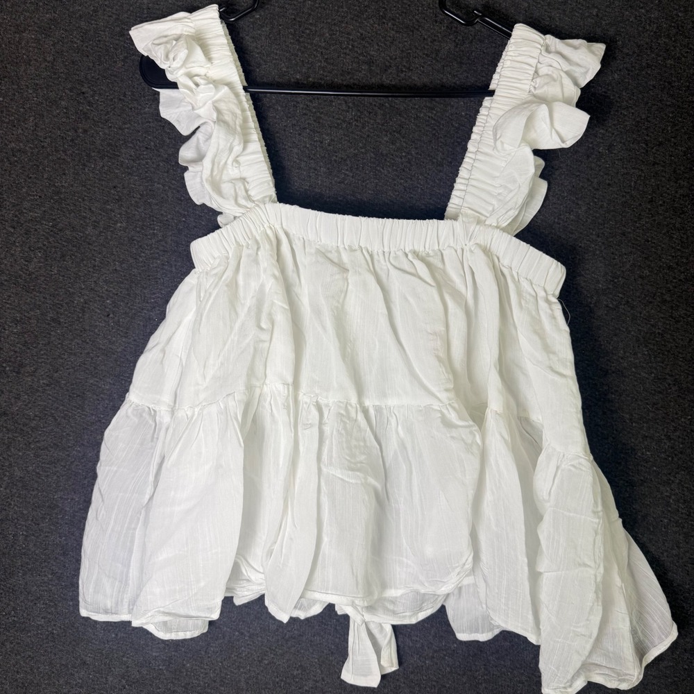 Womens L White Tiered Babydoll Ruffle Strap crop Top Tie cottage coquette dainty